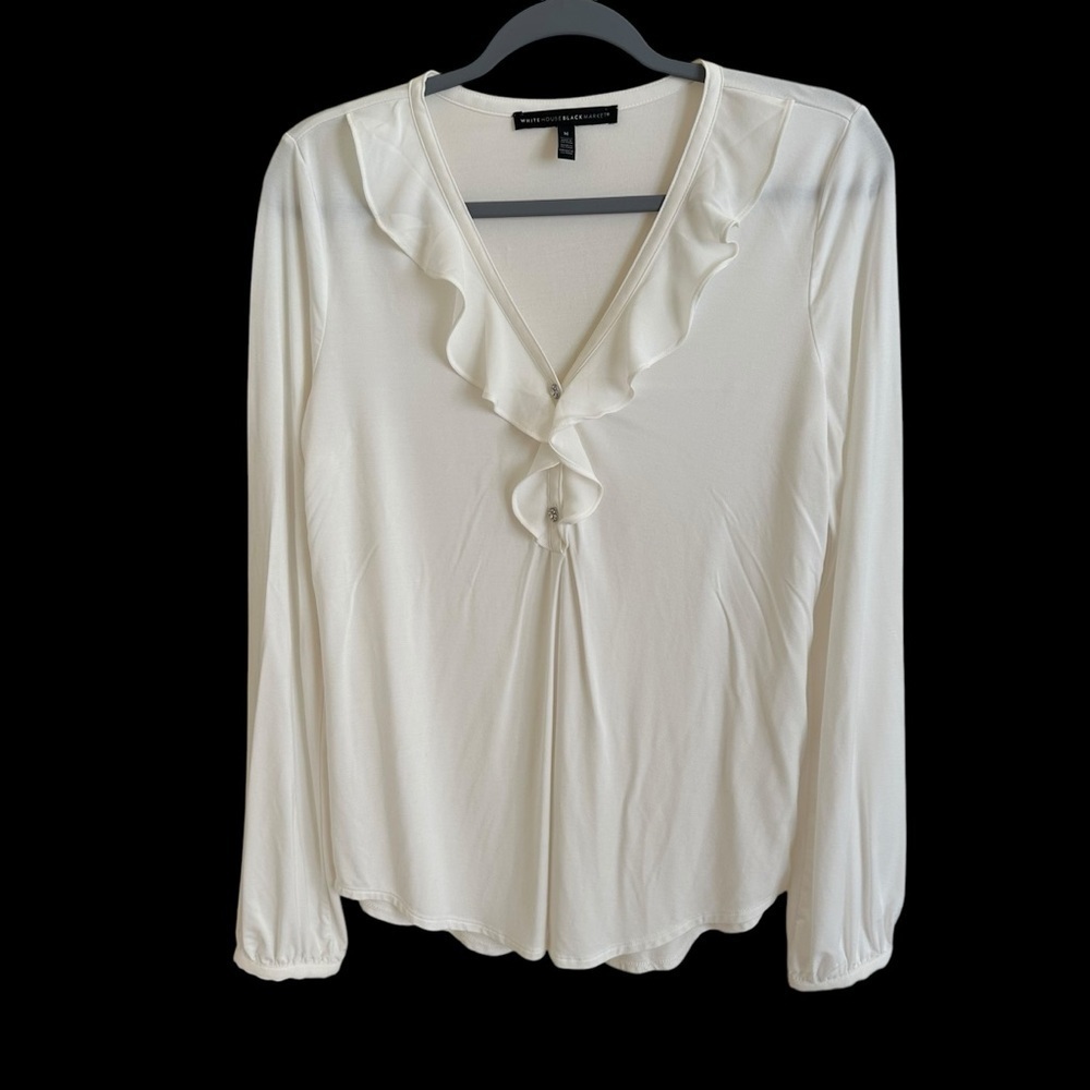 WHBM size Medium Ivory Modal Knit Ruffle V Neck Long Sleeve Knit Blouse Top Work